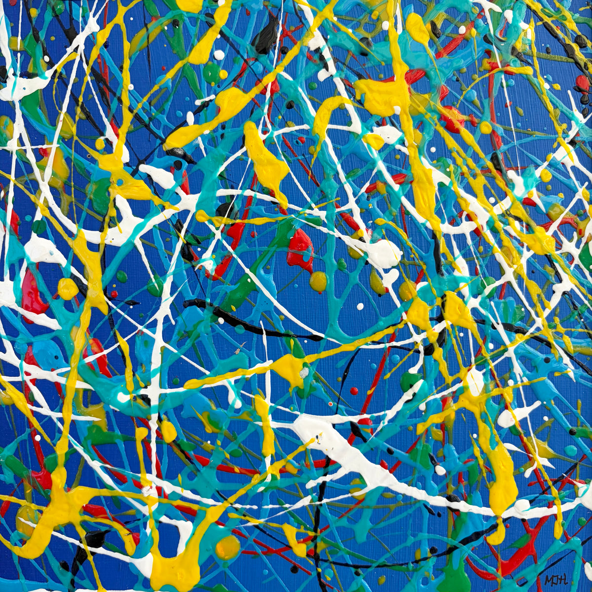 Close-up of Electric I original abstract artwork showing expressive blue, yellow and white painted marks.