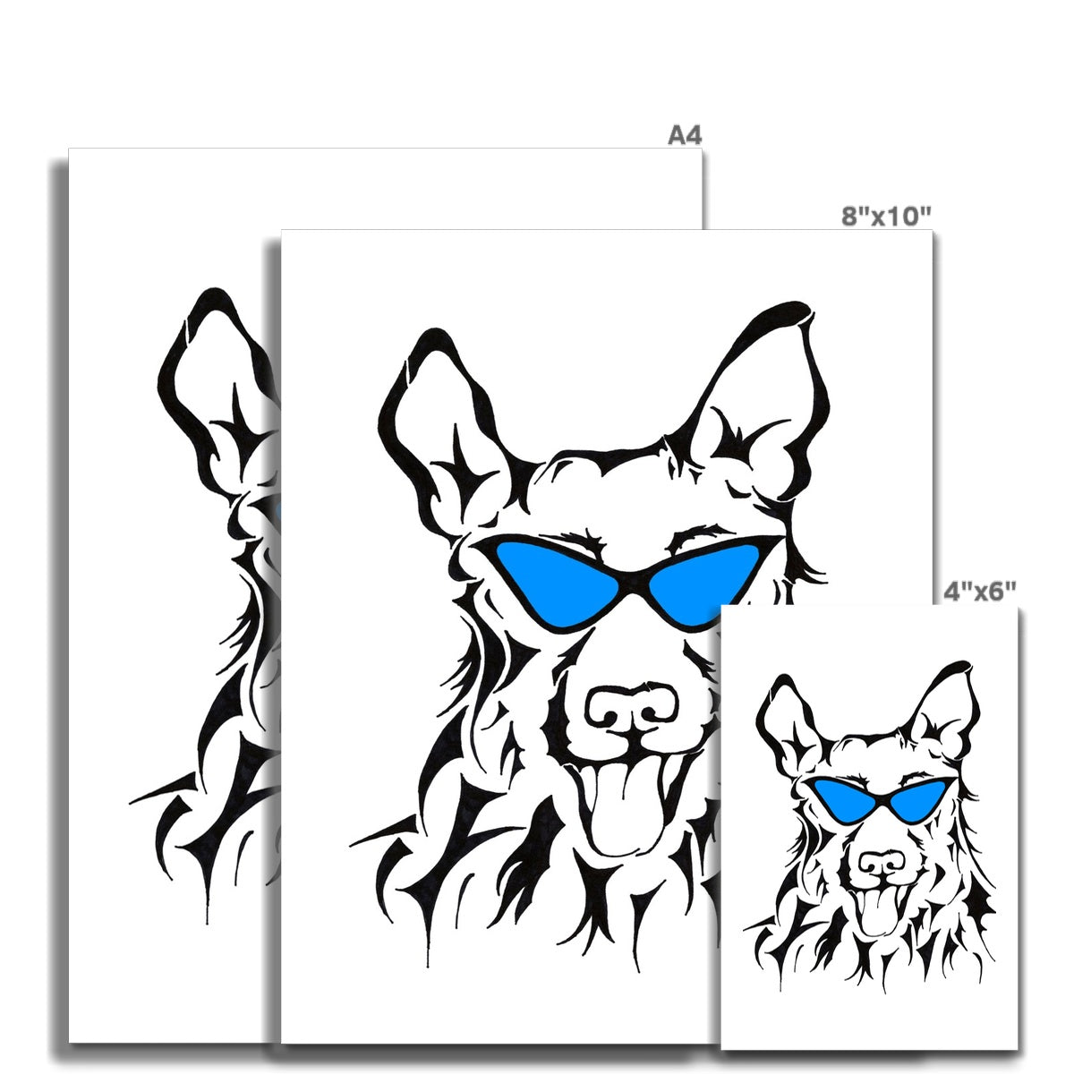 Line or illustration of Alsatian head - Zena wearing blue glasses