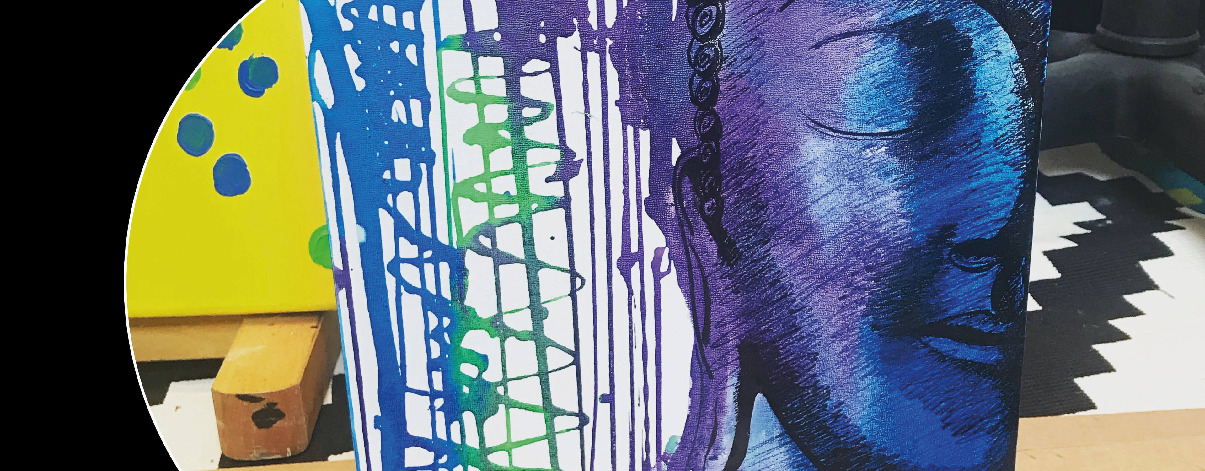 bespoke canvas painted in blues greens and purple