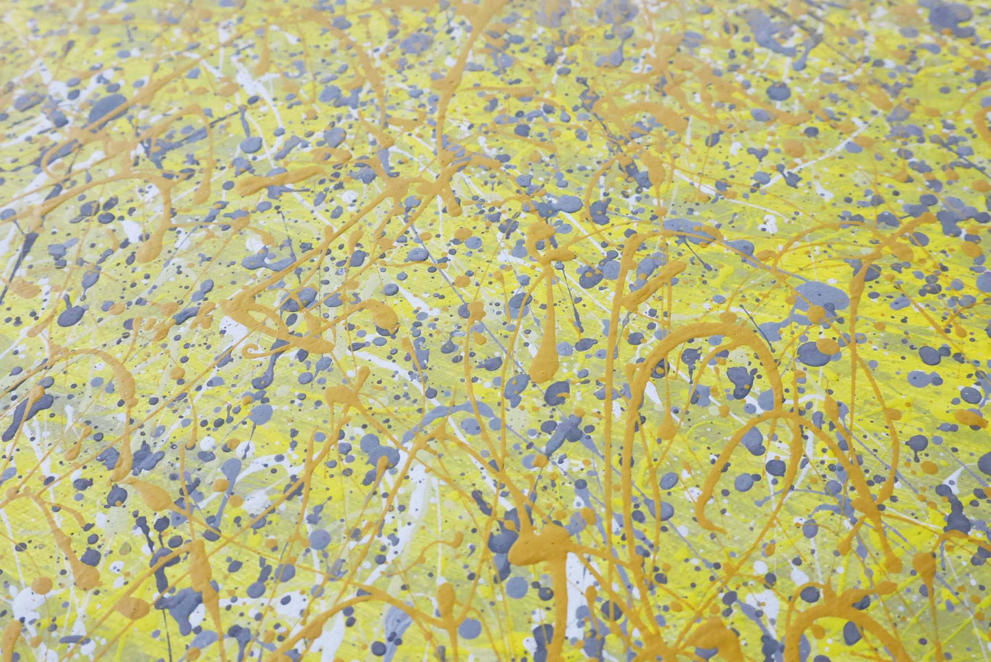 Bespoke original acrylic abstract painting 40cm x 40cm x 1.7cm. Grey, yellow, Pollock style