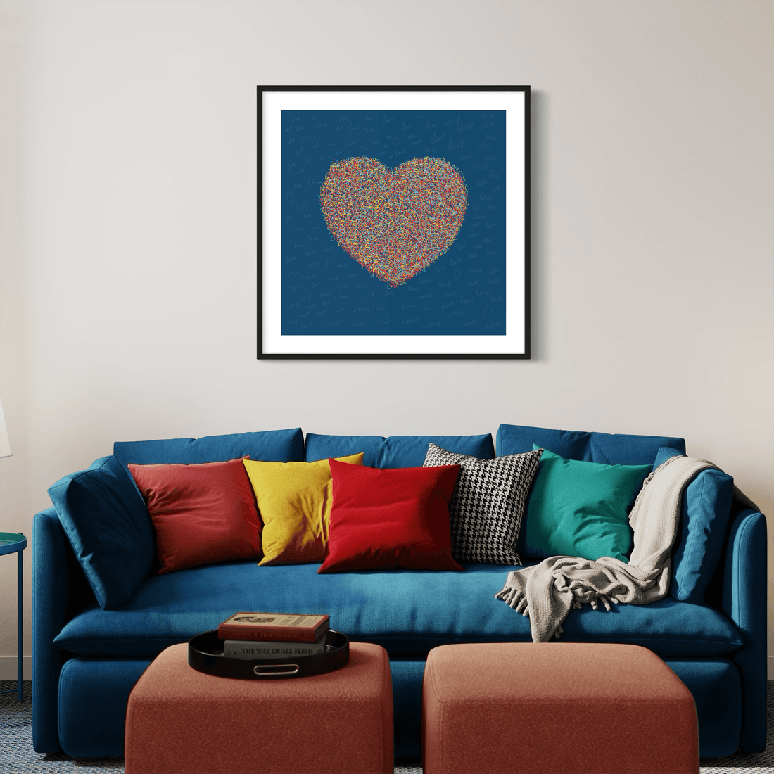 Contemporary abstract wall art displayed in a furnished interior, showing how artwork can add colour and character to a room.