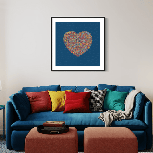 Contemporary abstract wall art displayed in a furnished interior, showing how artwork can add colour and character to a room.