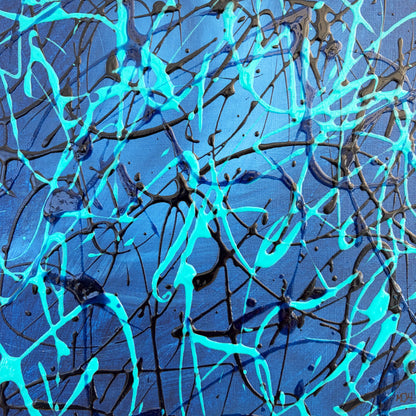 Close-up of Current II original abstract artwork showing layered blue and turquoise paint with expressive contrasting marks.