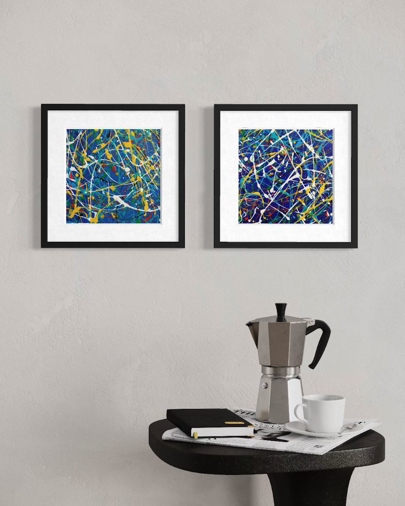 Electric I and Electric II original abstract paintings displayed together in black frames in a contemporary interior. Frames not included.