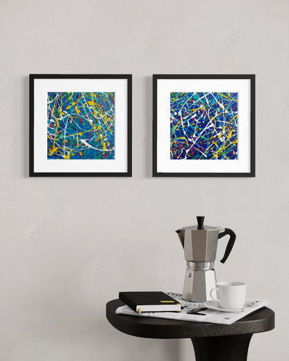 Electric I and Electric II original abstract paintings displayed together in black frames in a contemporary interior. Frames not included.