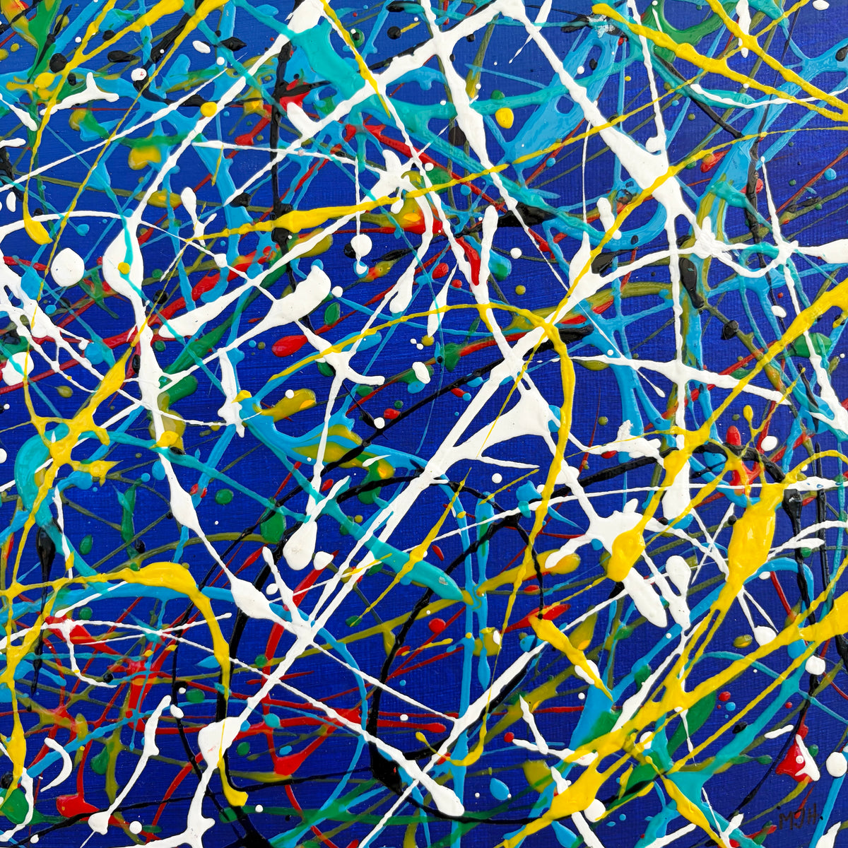 Close-up of Electric II original abstract artwork showing expressive blue, yellow and white painted marks.