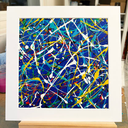 Electric II original abstract painting by Mike Hall in blue, yellow and white, presented in a buff mount.