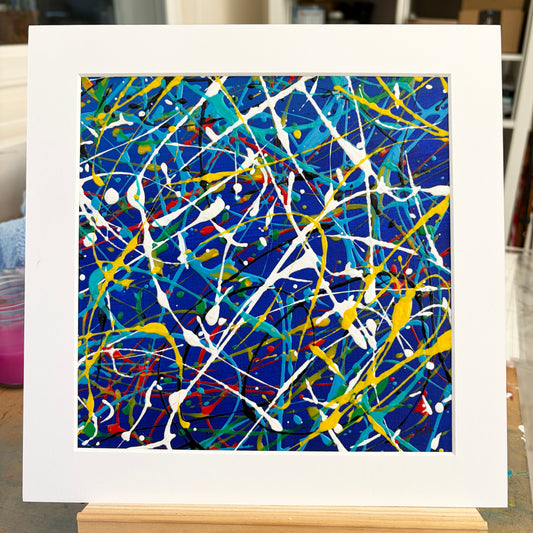 Electric II original abstract painting by Mike Hall in blue, yellow and white, presented in a buff mount.
