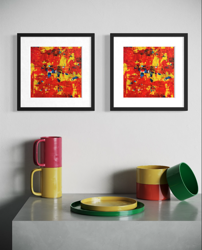 Ember I and Ember II original abstract artworks displayed together in black frames in a contemporary interior. Frames not included.
