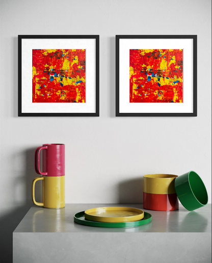 Ember I and Ember II original abstract artworks displayed together in black frames in a contemporary interior. Frames not included.