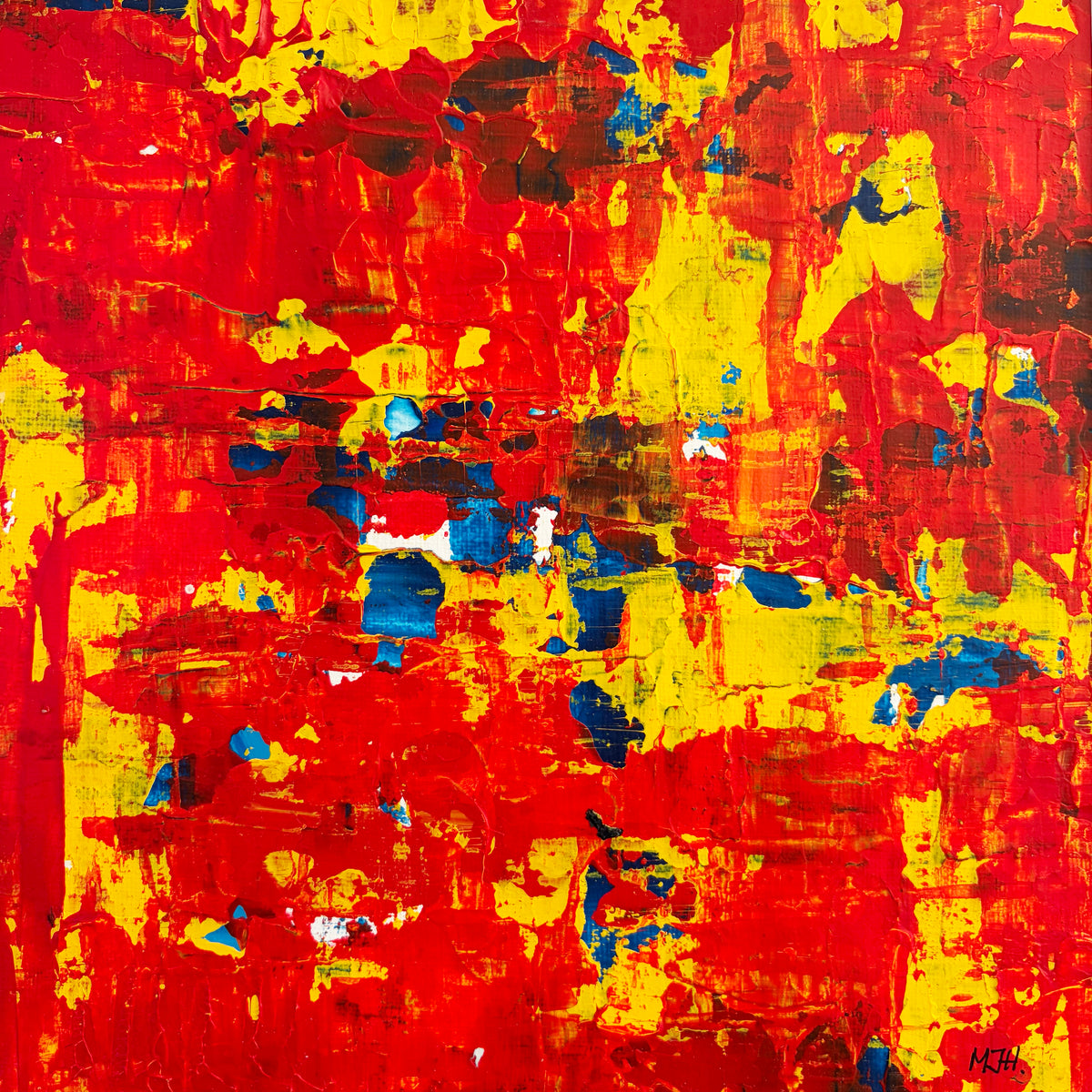 Close-up of Ember I original abstract artwork showing layered red and orange paint with expressive textures.