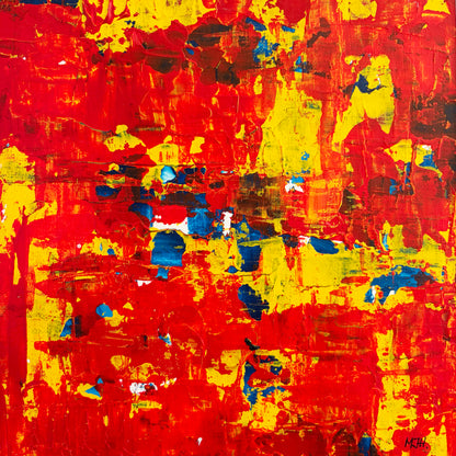 Close-up of Ember I original abstract artwork showing layered red and orange paint with expressive textures.