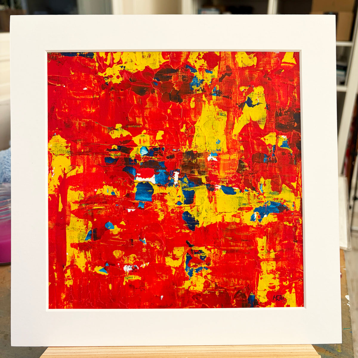 Ember I original red and orange abstract painting by Mike Hall of MJH ArtStudio, presented in a buff mount.
