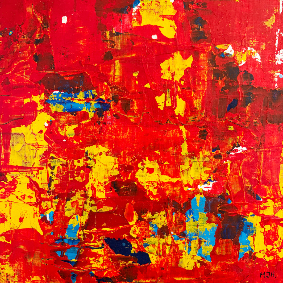 Close-up of Ember II original abstract artwork showing layered red and orange paint with expressive textures.