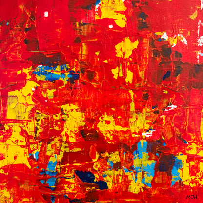 Close-up of Ember II original abstract artwork showing layered red and orange paint with expressive textures.