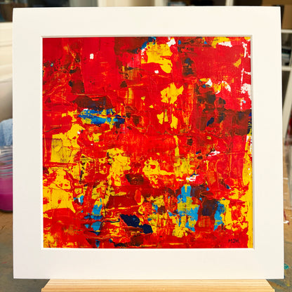 Ember II original red and orange abstract painting by Mike Hall of MJH ArtStudio, presented in a buff mount.