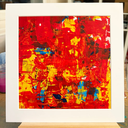 Ember II original red and orange abstract painting by Mike Hall of MJH ArtStudio, presented in a buff mount.
