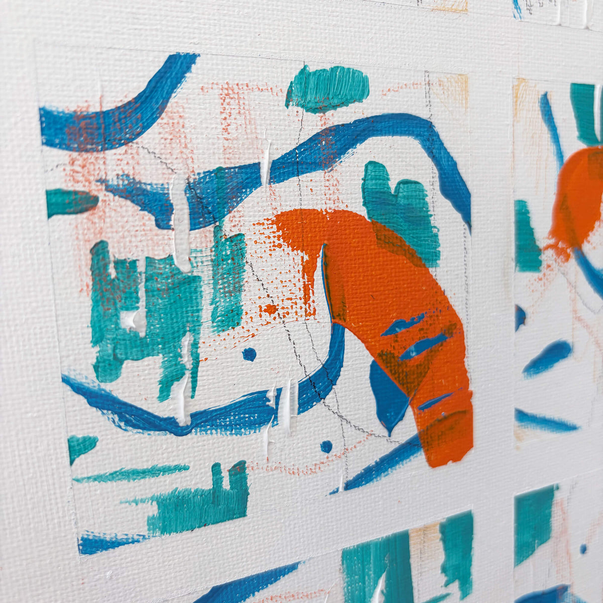 Close-up of Squared-Up abstract artwork showing expressive blue, turquoise and orange brushstrokes and fine pencil marks.