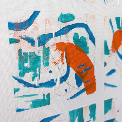 Close-up of Squared-Up abstract artwork showing expressive blue, turquoise and orange brushstrokes and fine pencil marks.
