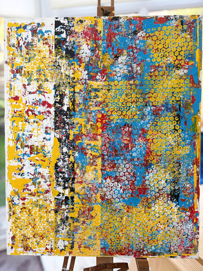 Pop & Circumstance I original abstract painting by Mike Hall, featuring vibrant yellow, blue, red and black layers with expressive textures and circular patterns.