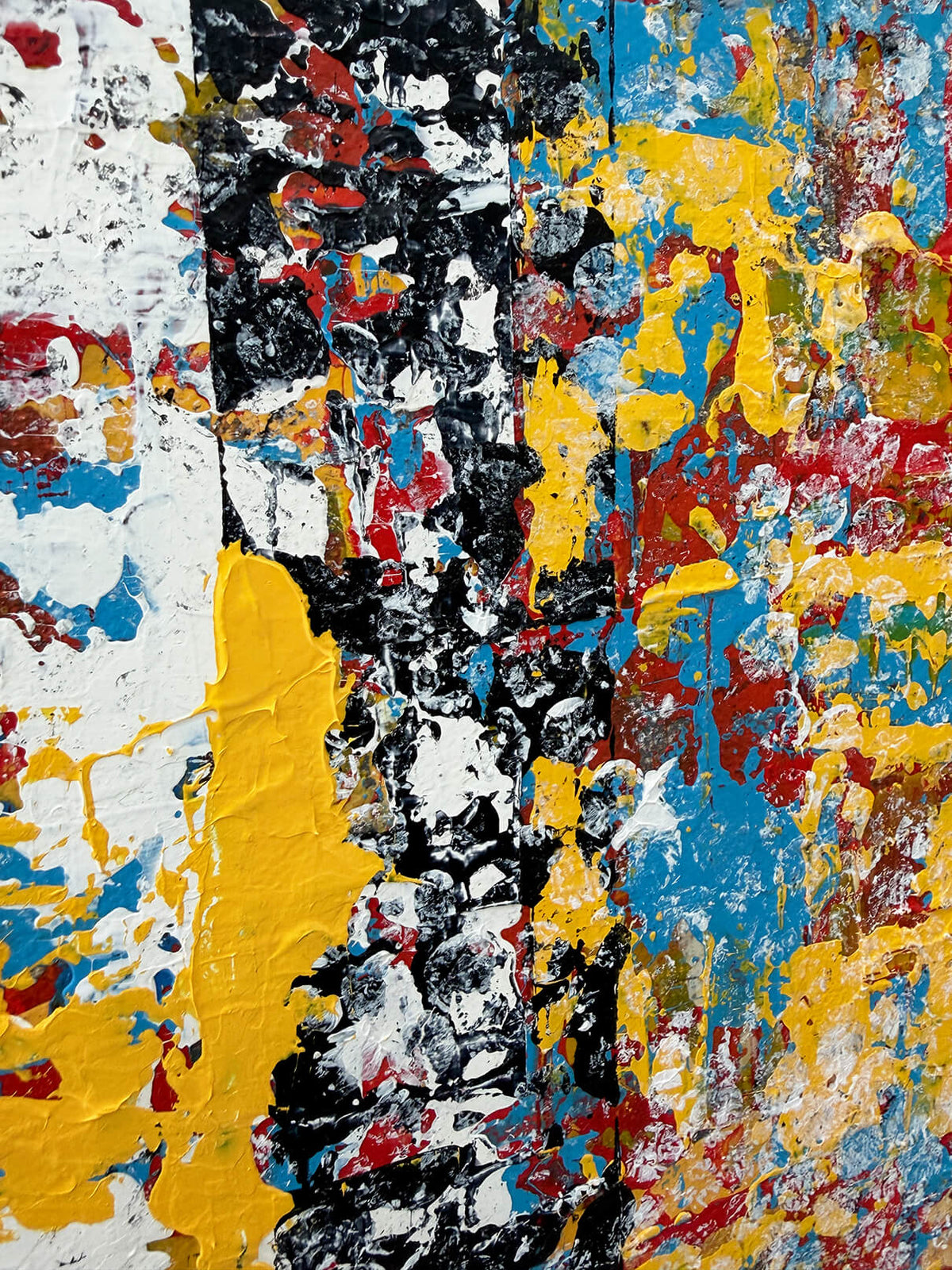 Close-up of Pop & Circumstance I showing bold black and white textures layered with yellow, blue and red paint.
