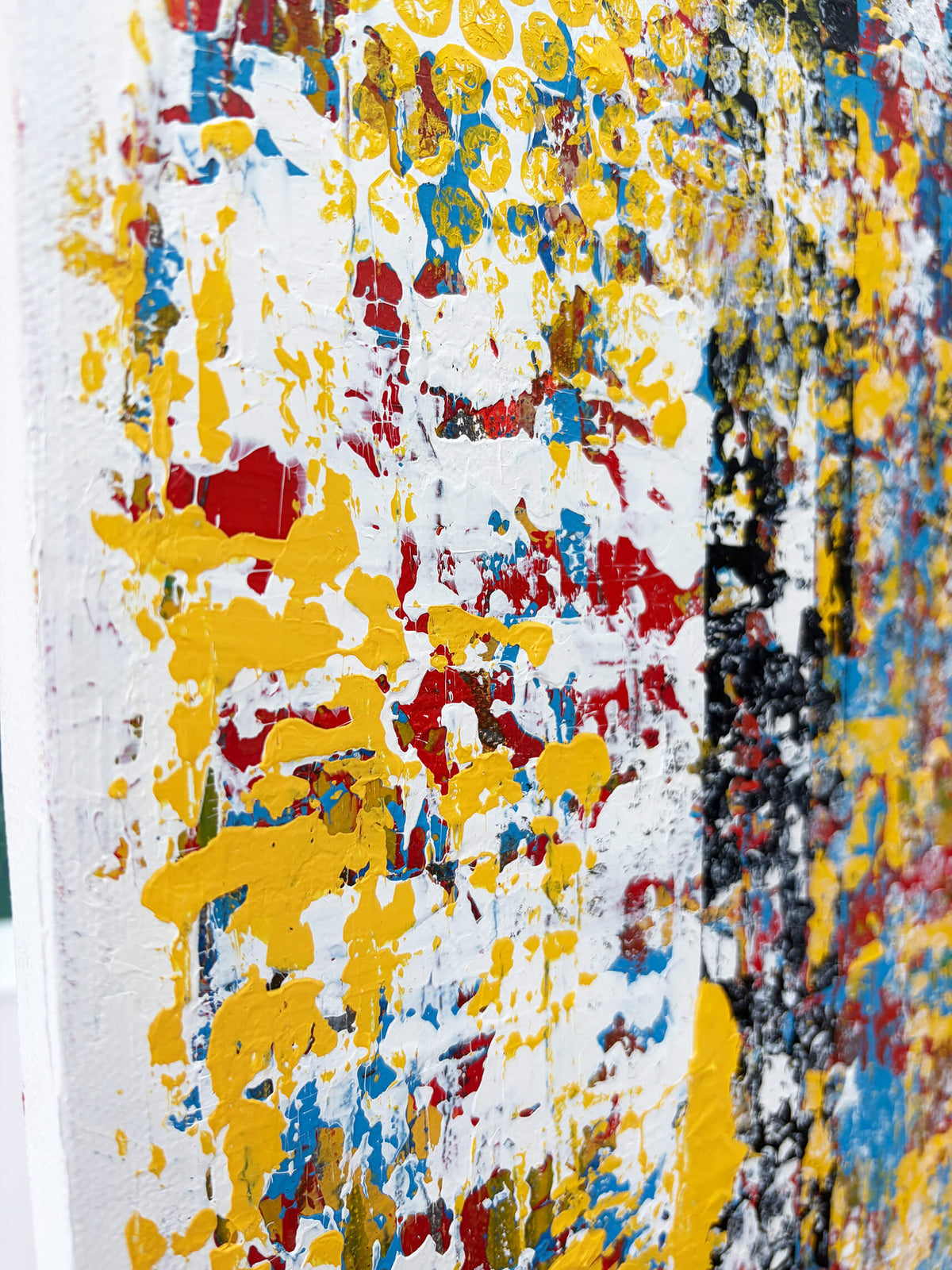 Angled view of Pop & Circumstance I original canvas painting by Mike Hall, showing layered paint, bold colours and textured surface details.