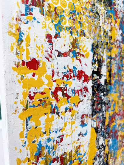 Angled view of Pop & Circumstance I original canvas painting by Mike Hall, showing layered paint, bold colours and textured surface details.