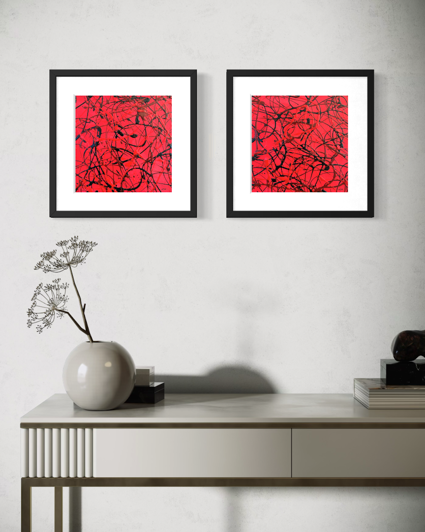 Pulse I and Pulse II original abstract artworks displayed together in black frames in a contemporary interior. Frames not included.