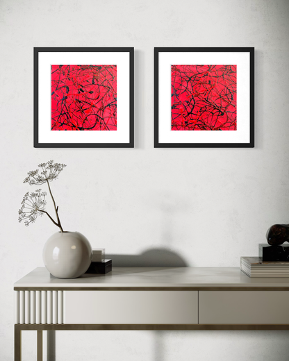 Pulse I and Pulse II original abstract artworks displayed together in black frames in a contemporary interior. Frames not included.