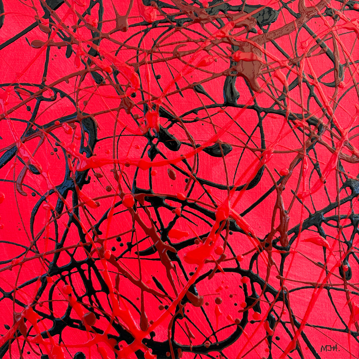 Close-up of Pulse I original abstract artwork showing expressive red and black painted marks and contrasting textures.