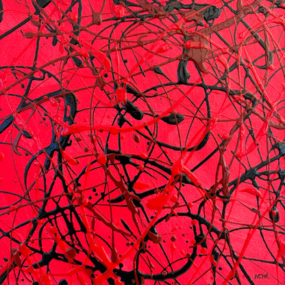 Close-up of Pulse I original abstract artwork showing expressive red and black painted marks and contrasting textures.