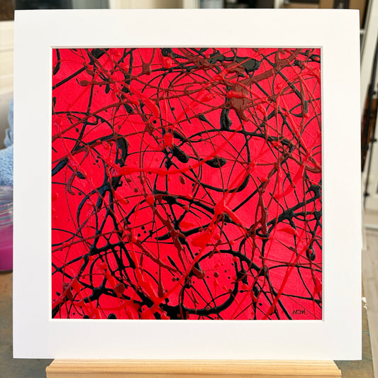 Pulse I original red and black abstract painting by Mike Hall of MJH ArtStudio, presented in a buff mount.