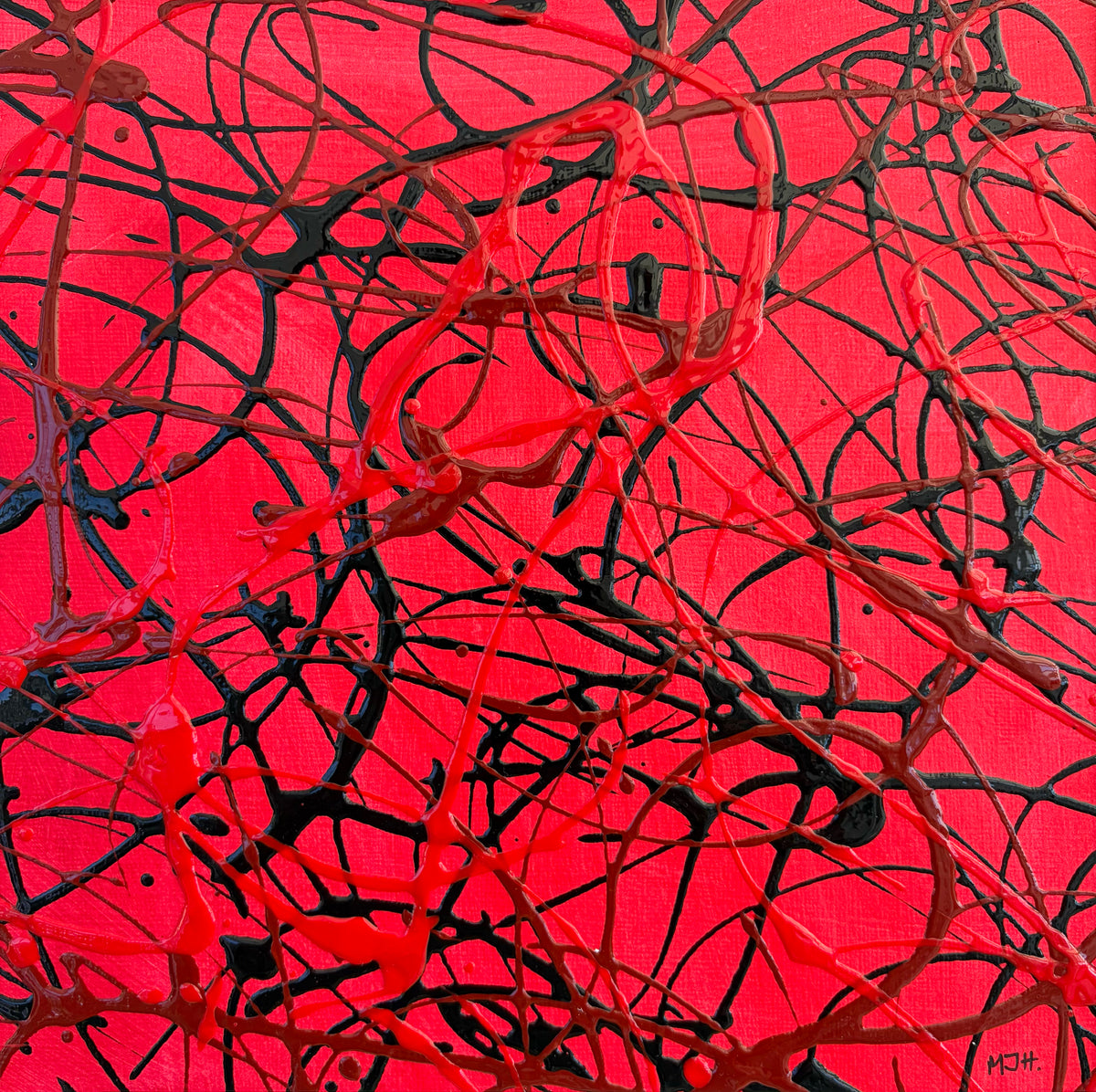 Close-up of Pulse II original abstract artwork showing expressive red and black painted marks and contrasting textures.