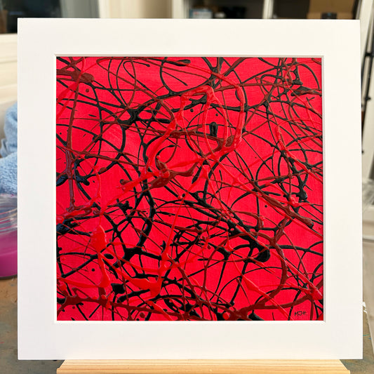 Pulse II original red and black abstract painting by Mike Hall of MJH ArtStudio, presented in a buff mount.