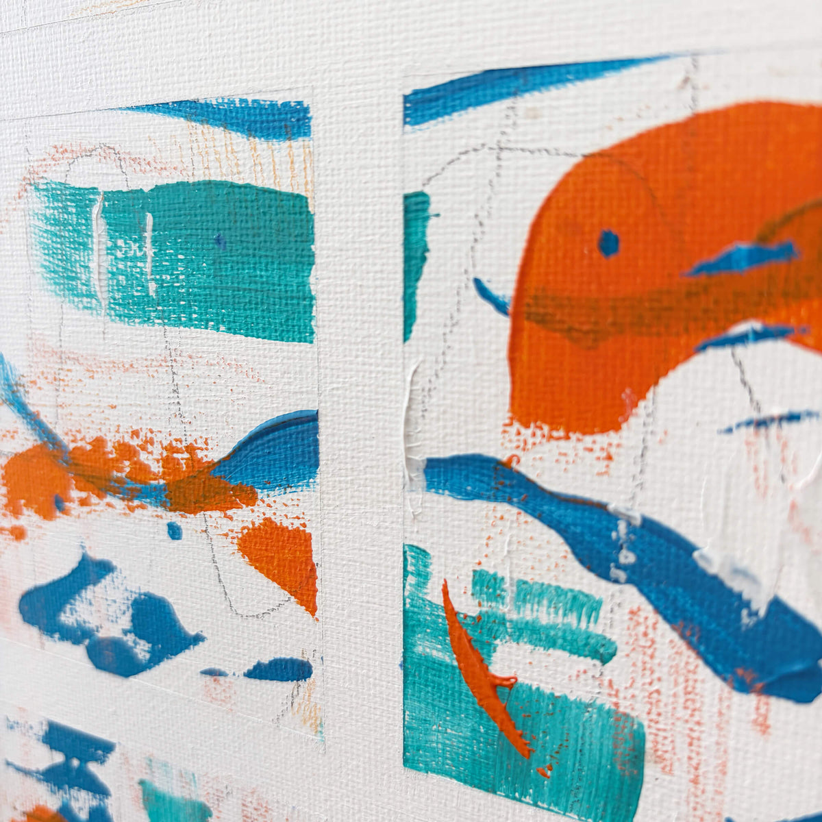 Detail of original abstract painting featuring bold orange shapes, turquoise brushstrokes and layered blue marks.