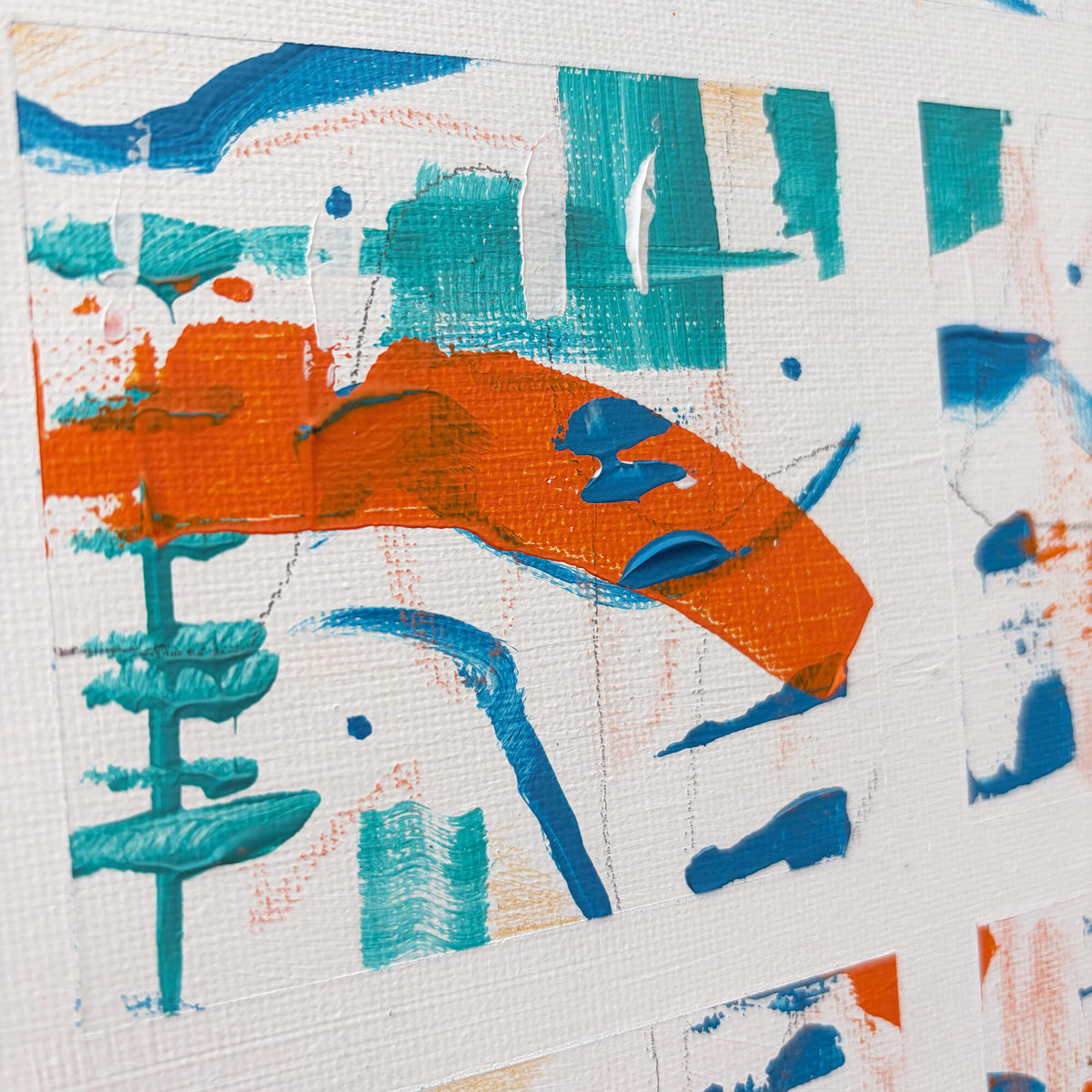 Close-up of Squared-Up painting showing textured orange and blue brushstrokes with turquoise accents.