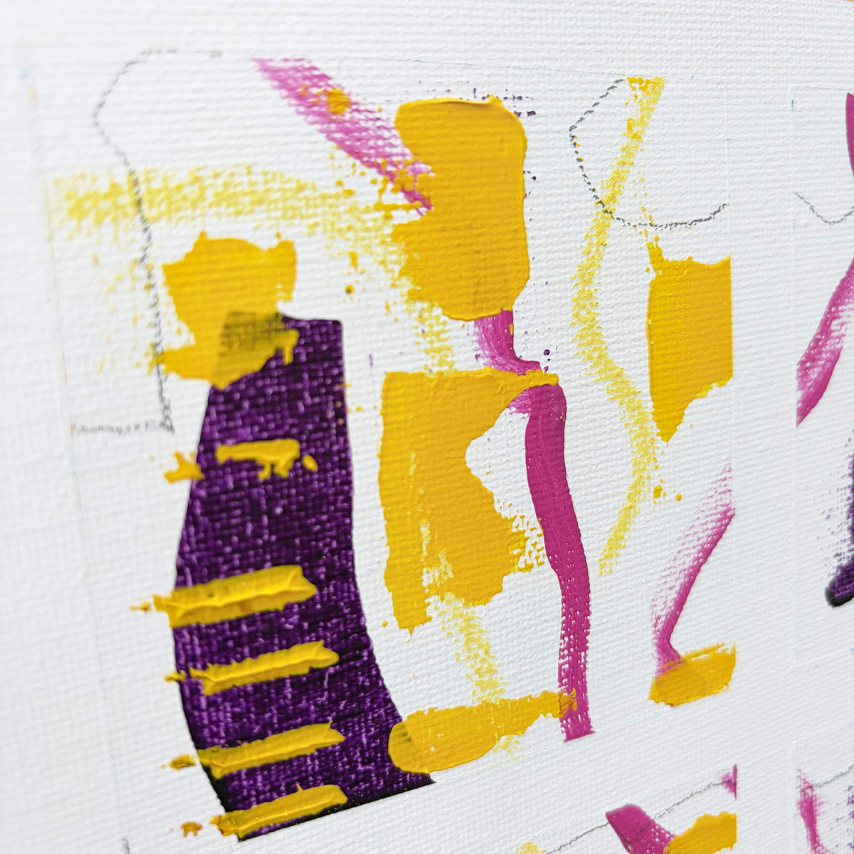 Close-up of Squared-Up abstract painting showing yellow and purple shapes, flowing pink lines and delicate pencil marks.