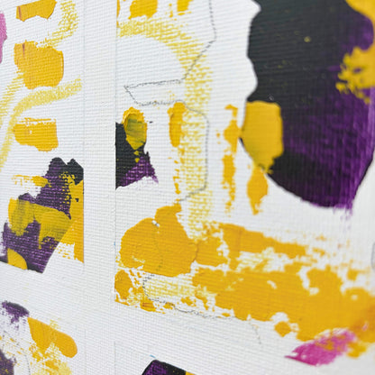 Detail of original abstract artwork featuring bold purple shapes, bright yellow brushstrokes and layered paint textures.