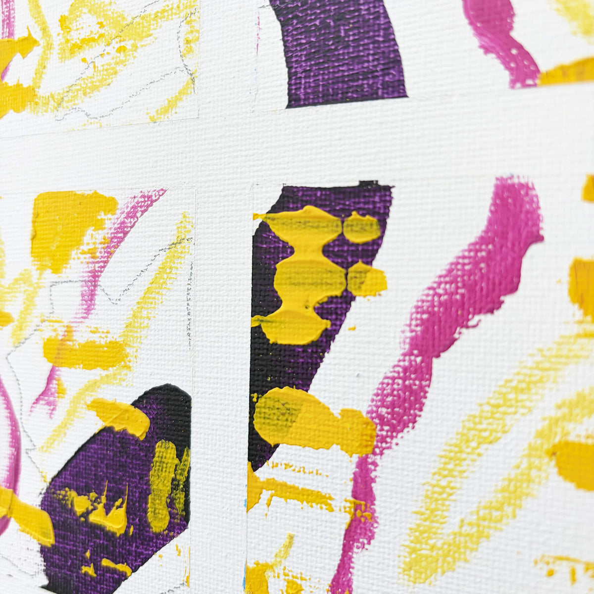 Close-up of Squared-Up painting showing expressive yellow and purple marks, sweeping pink lines and fine pencil details.