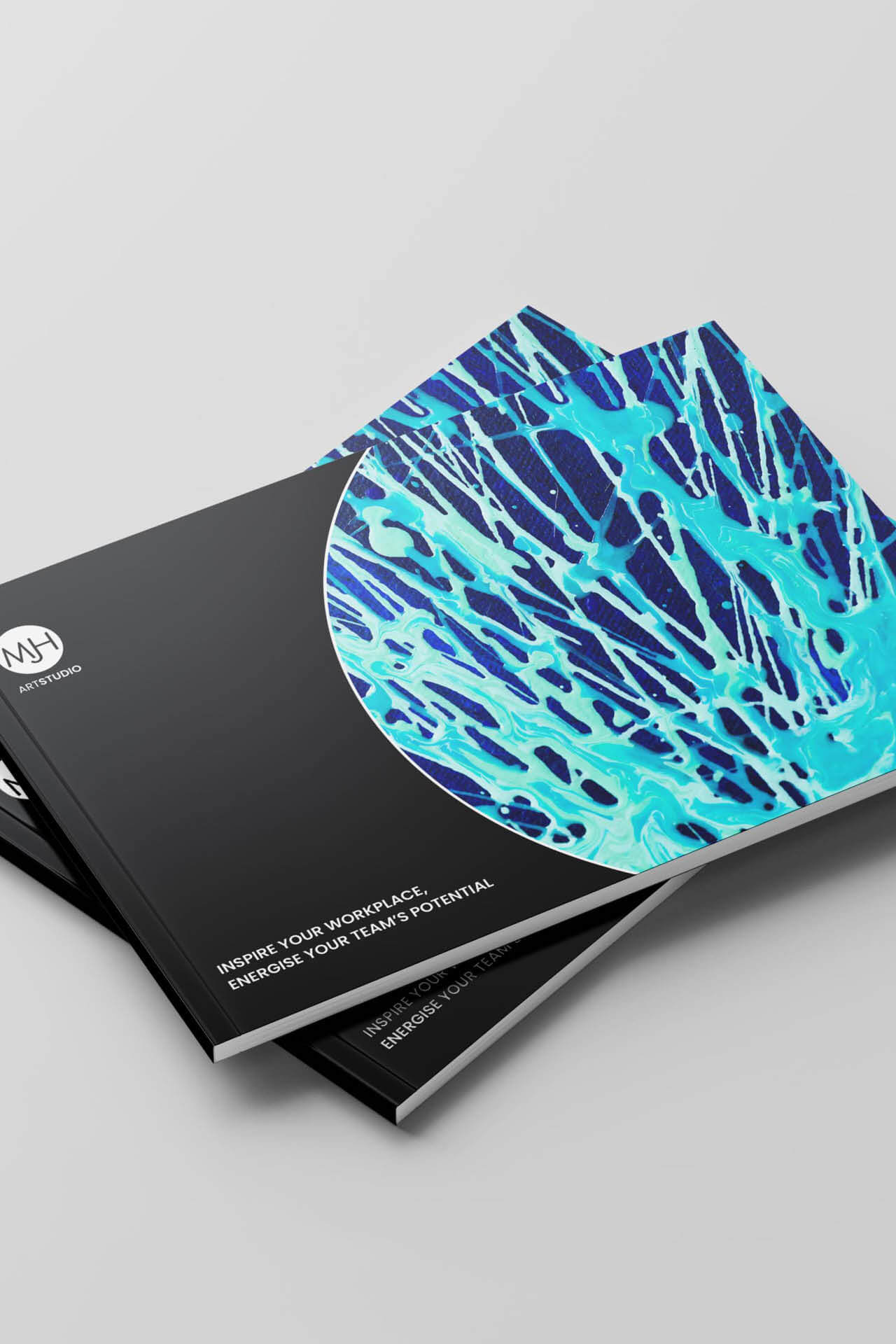 Brochure showing bespoke abstract painting commissioned for a creative workspace, featuring fluid forms and soft hues