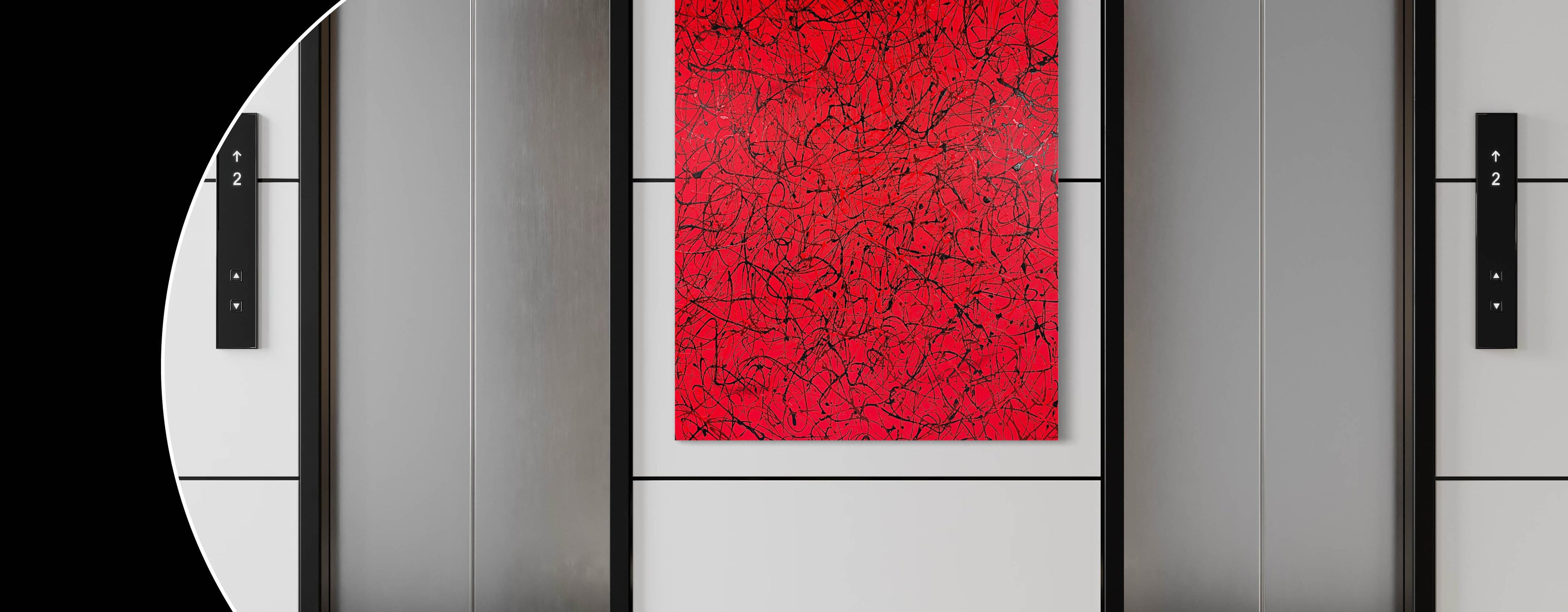 Bespoke abstract painting commissioned for Not Just Numbers, featuring red and black fluid forms