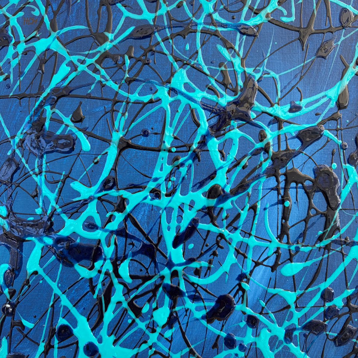 Close-up of Current I original abstract painting showing expressive turquoise and blue marks against darker tones.