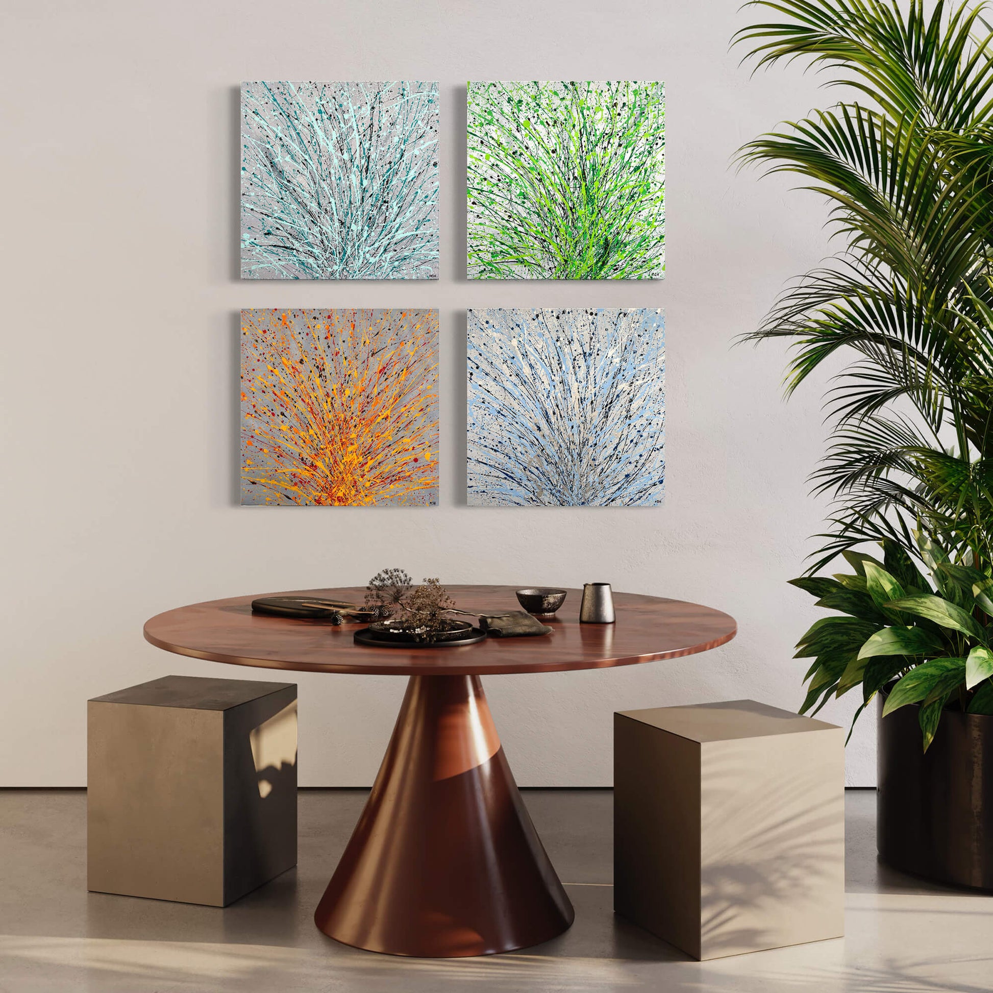 Custom abstract paintings created for UK offices, featuring dynamic four pieces in green blue silver and orange textures