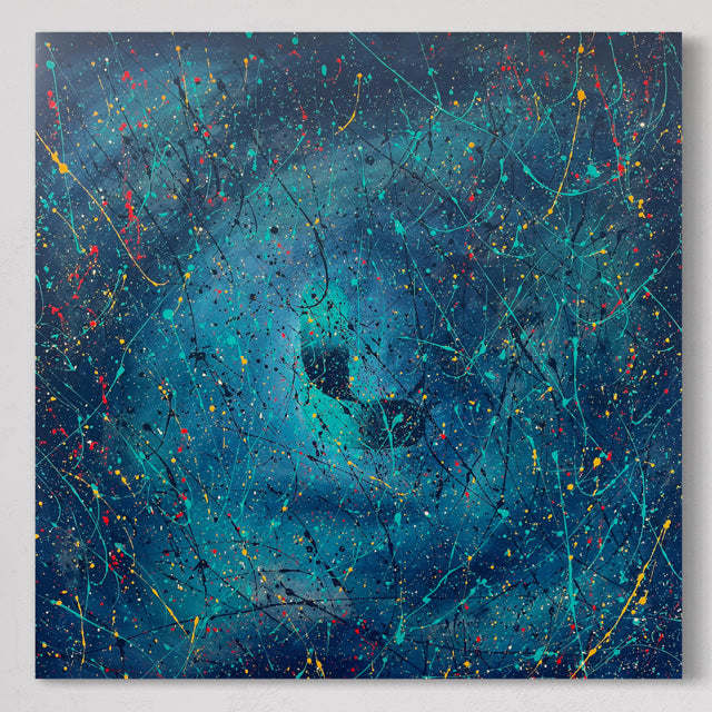 Hand-painted modern abstract art showcasing a blend of blue and teal, Lazenby's Financial Services logo