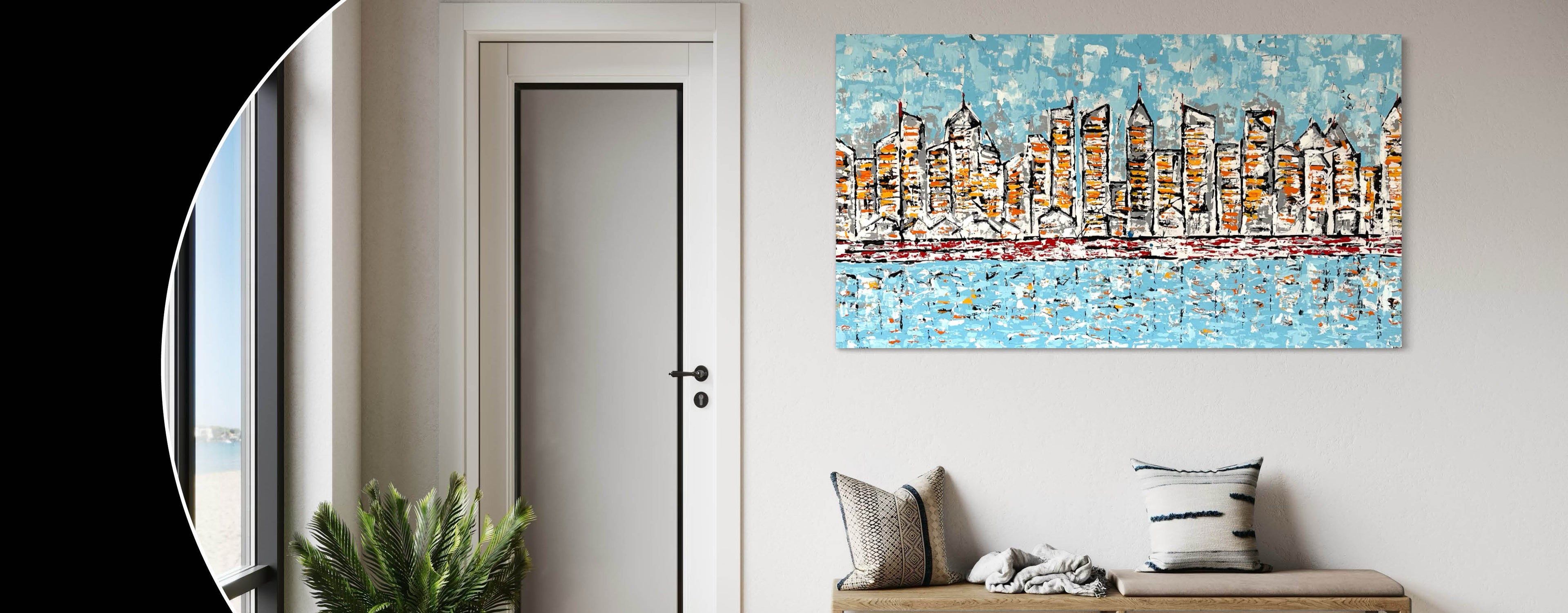 Modern abstract wall art of a city skyline, ideal for contemporary interiors