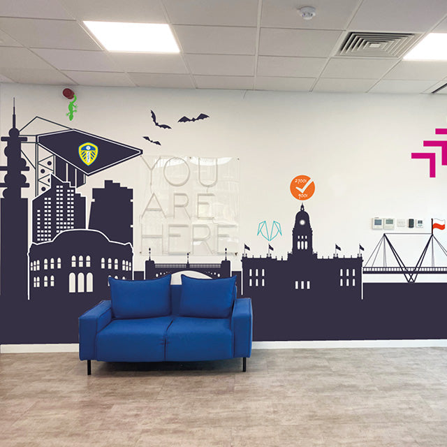 Inside wall mural artwork of Leeds city skyline for Ascensor Digital Agency Interior design solutions