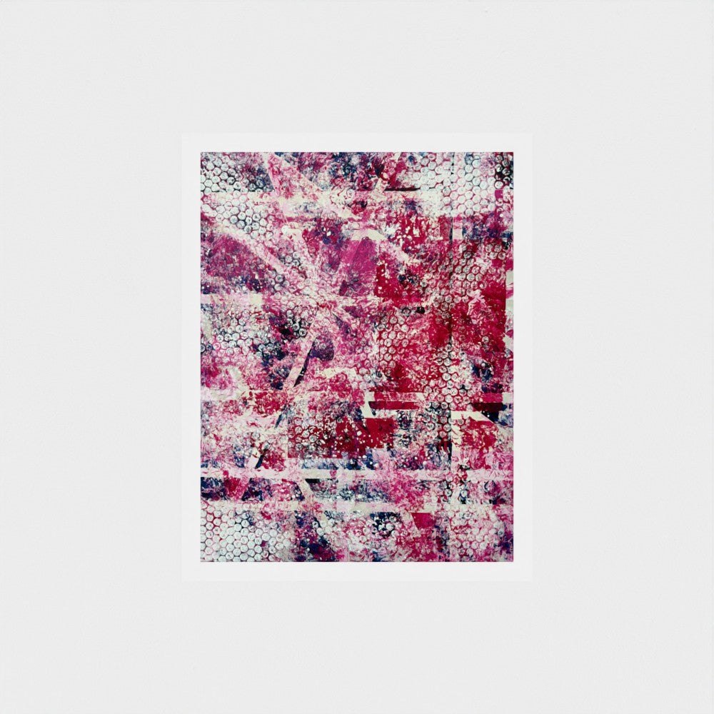 Pop & Circumstance II contemporary pink and blue abstract fine art print displayed on a white wall
