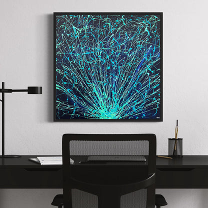 Sustainable abstract painting created for UK offices, featuring dynamic blue and teal fluid acrylic