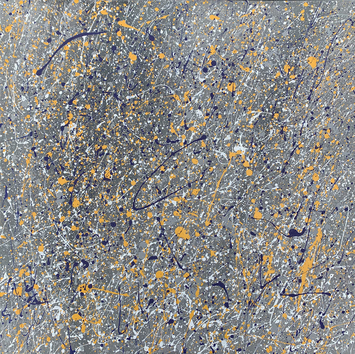 Bespoke original acrylic abstract painting 40cm x 40cm x 1.7cm.  Grey, yellow, blue, Pollock style