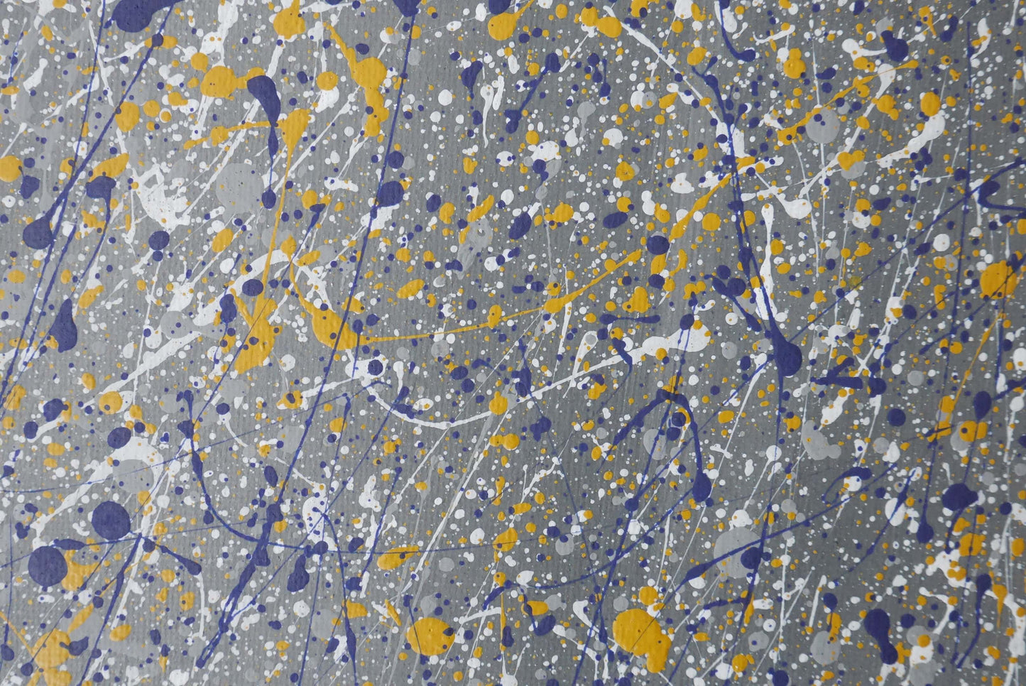 Bespoke original acrylic abstract painting 40cm x 40cm x 1.7cm.  Grey, yellow, blue, Pollock style